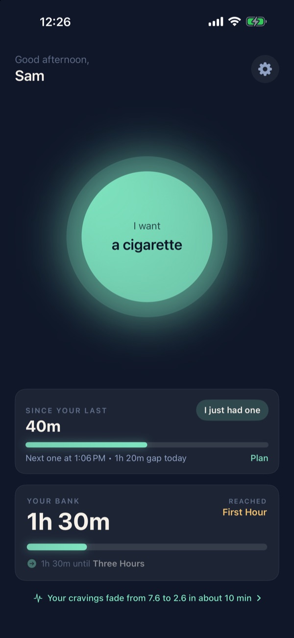CraveWave home screen with the craving button, time since your last, and your average craving