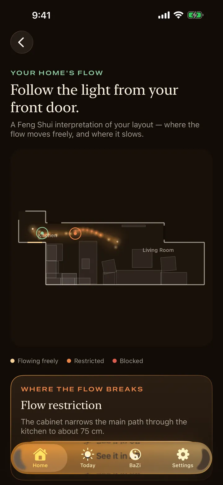 Feng Shui Scan floor plan marking where the flow is restricted