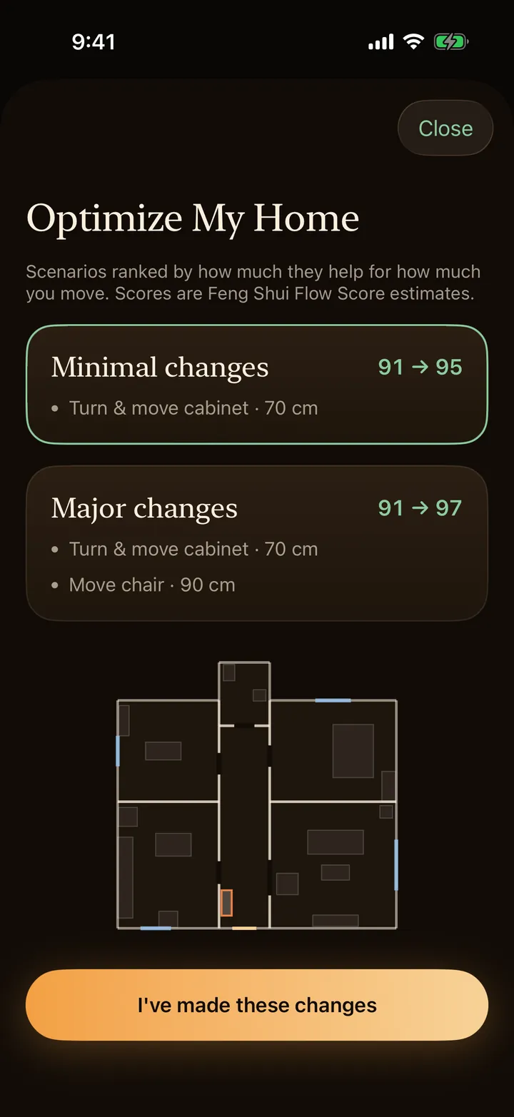 Feng Shui Scan’s Optimize My Home screen listing suggested furniture moves