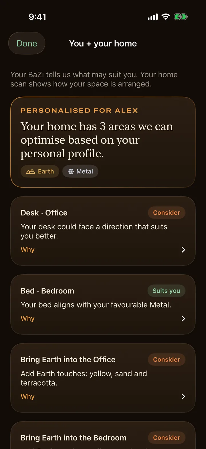 Feng Shui Scan applying a BaZi profile to the bed and desk in a scanned home