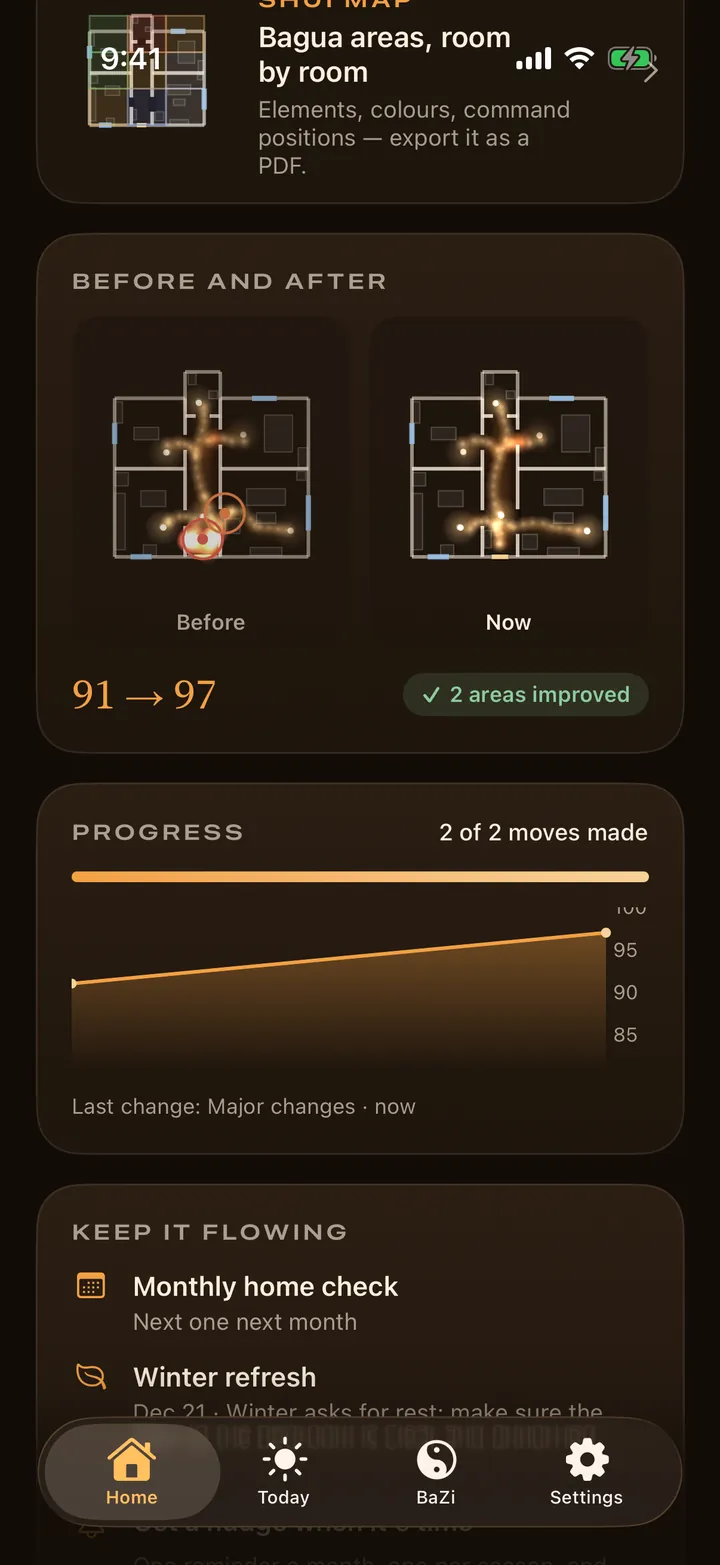 Feng Shui Scan before-and-after plans with the score change after two moves