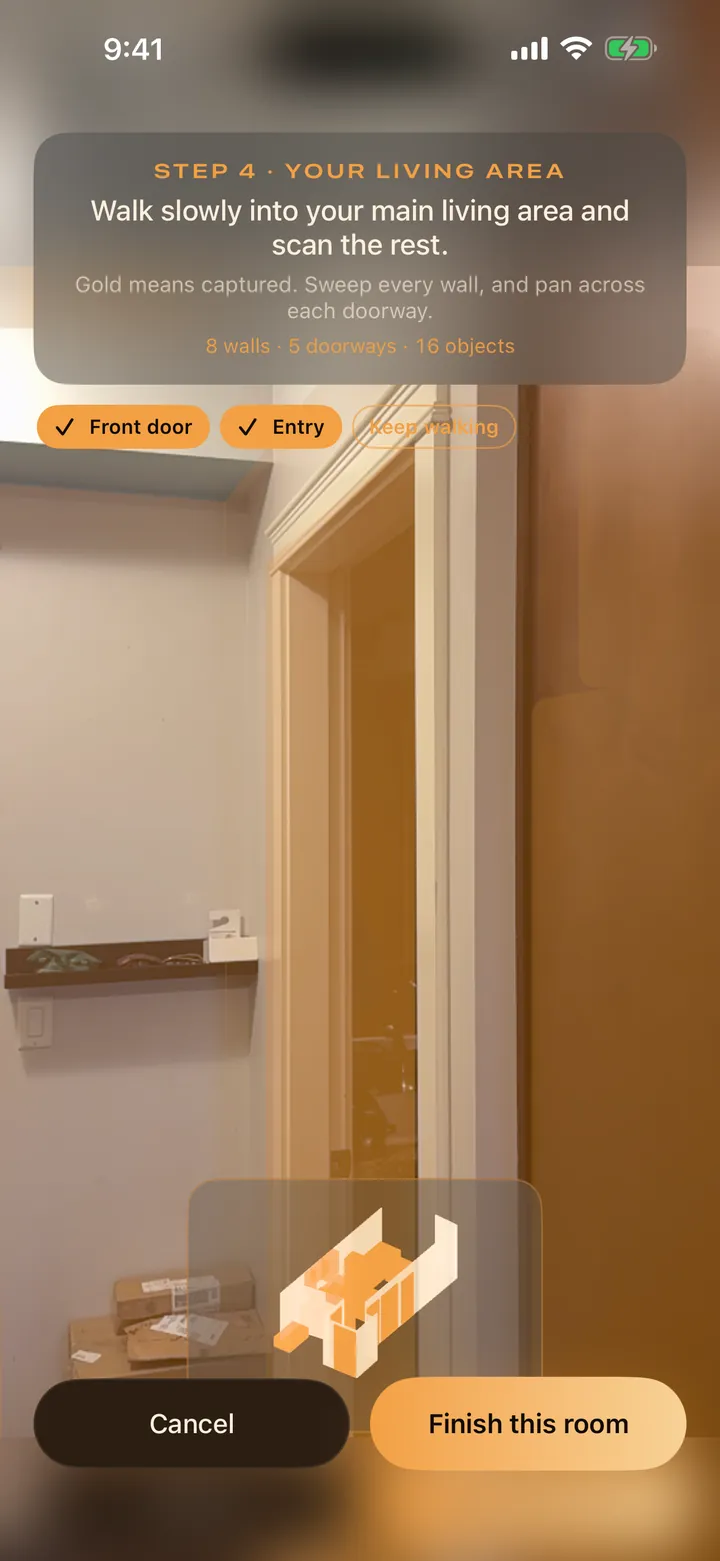 Feng Shui Scan during a room scan, with the step card and a miniature model of the room