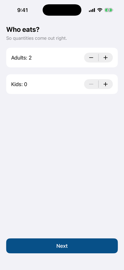 Mise onboarding asking how many adults and children eat, with children's ages