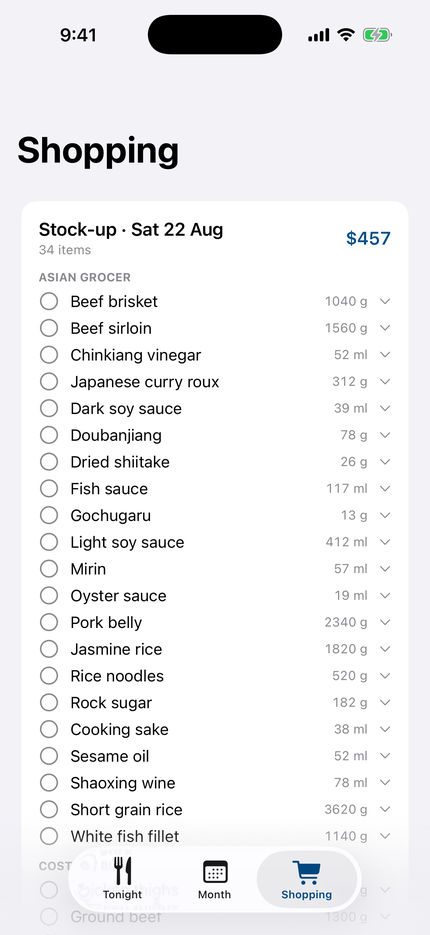 Mise shopping list split by store, showing a stock-up trip of 27 items across Asian grocer, bulk, butcher and supermarket