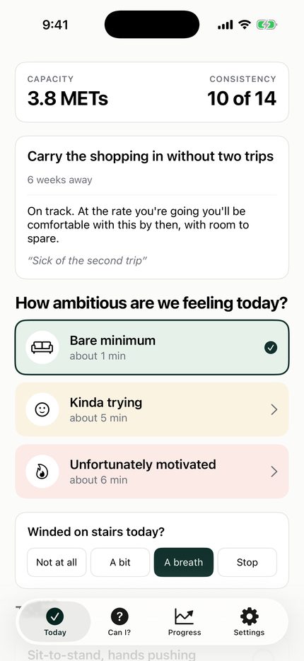 Unfitly — Today: One ambition level, one small thing. No streaks to break.