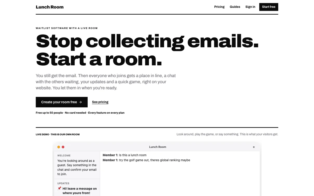 The Lunch Room homepage with its live demo room